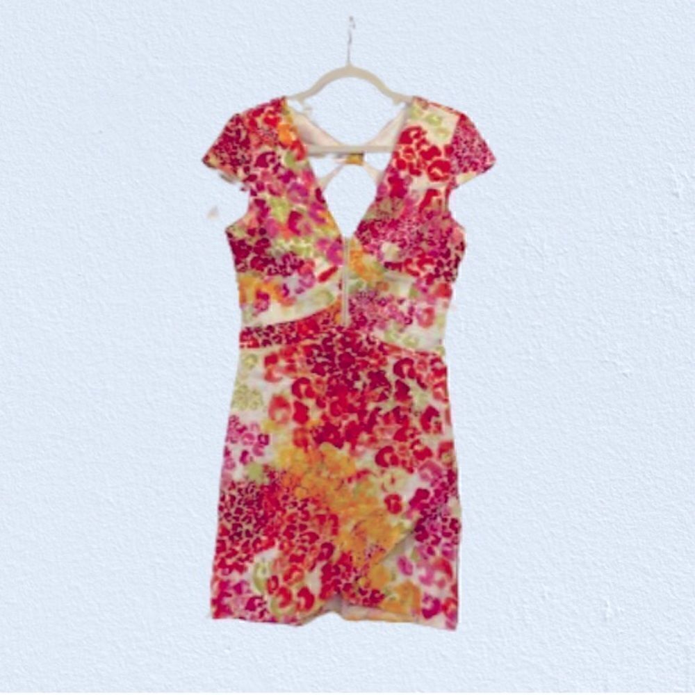 Guess Los Angeles Floral Watercolor Print Zip Front Dress Bow Back Size 8